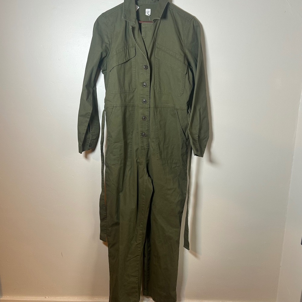 GAP Utility Jumpsuit Olive Green Button‎ Front Belted Cargo Style Women's Small